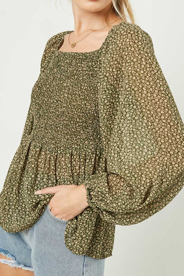 HJ3145W Olive Plus Square Neck Smocked Ditsy Floral Top Full Body